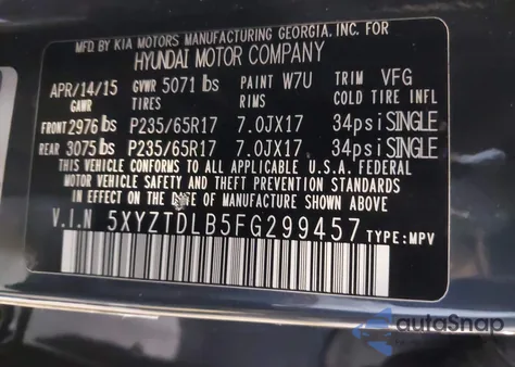 2015 Hyundai Santa Fe Sport 2.4L z USA, uszkodzony, nr VIN 5XYZTDLB5FG299457